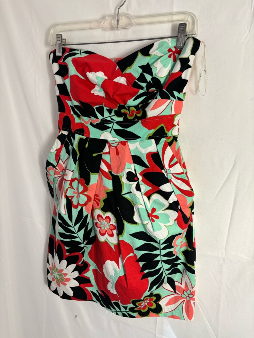 Floral Tropical Boho Vacation Strapless Tie-Waist‎ Mini Dress Size M - Picture 5 of 11